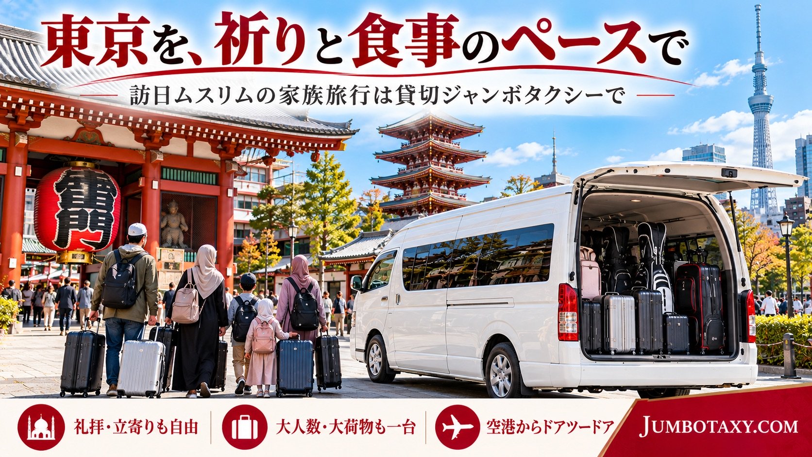 東京の観光地を背景に停まる白い大型ジャンボタクシーと訪日ムスリムの家族