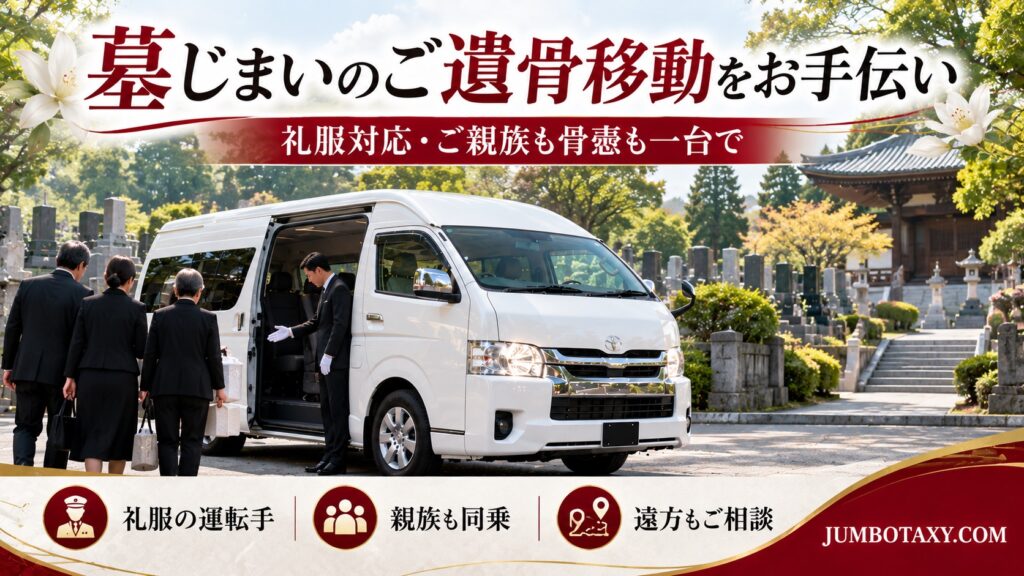 礼服の運転手が骨壷を運ぶ墓じまいの送迎と白い大型ジャンボタクシー
