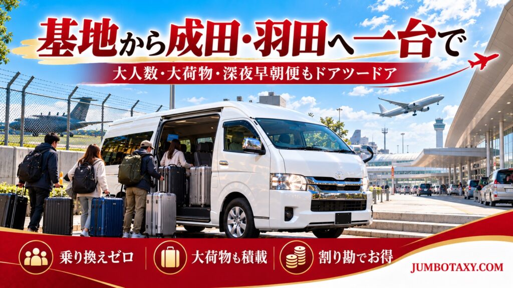 横田・厚木・座間から空港へ向かう貸切ジャンボタクシーのイメージ