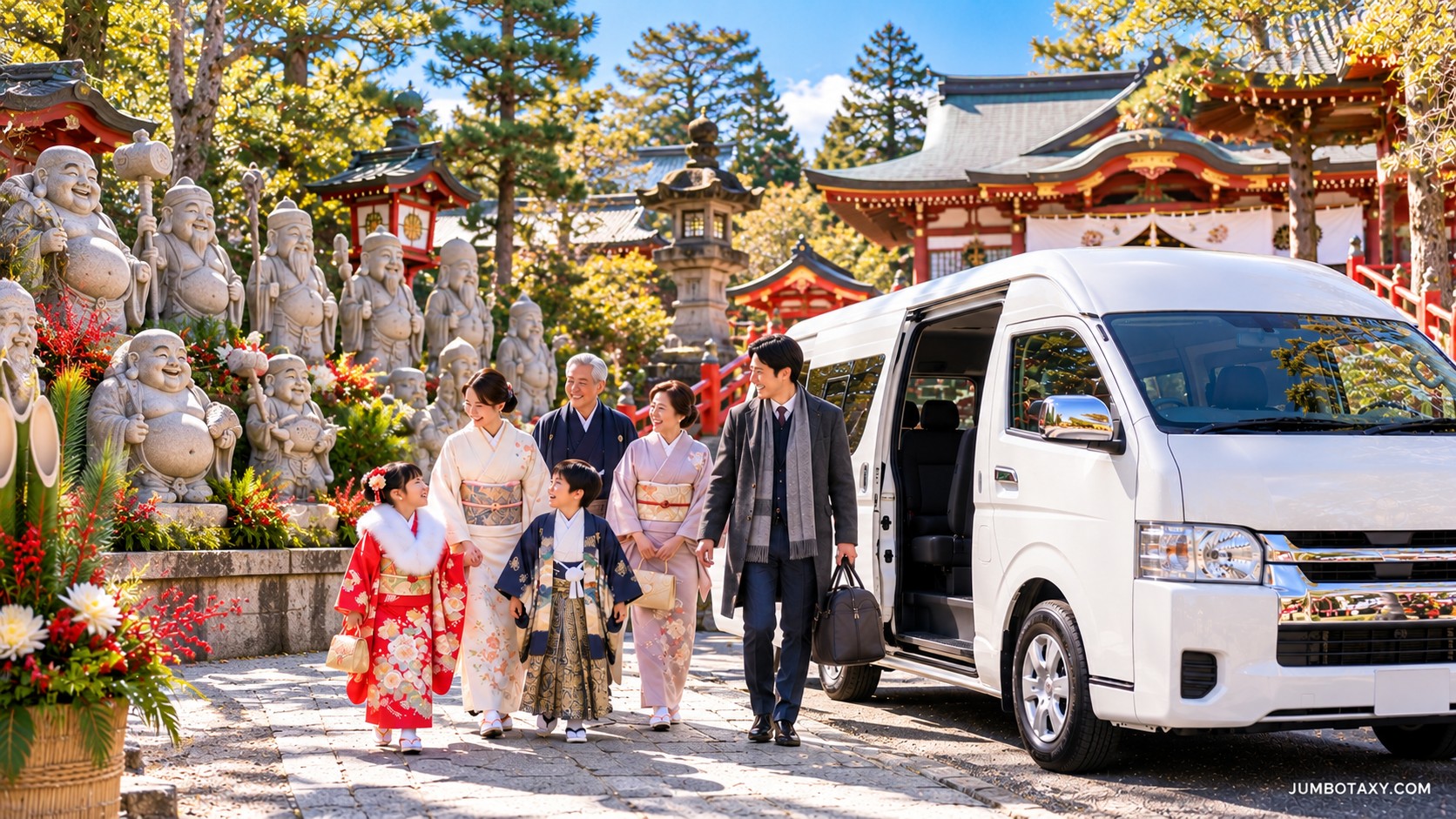 新年七福神巡禮期間,停在寺廟附近的白色專用大客車(豐田HiAce Wide)