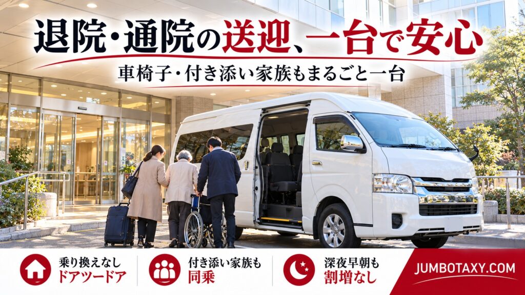 折りたたみ車椅子と荷物を荷室に積み込む退院送迎のジャンボタクシー